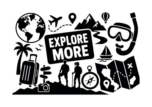 Travel Tourism Vacation Adventure Banner. Travel Tourism Vacation Adventure banner illustration, oversized map and snorkel across edges, compass and hiker scattered, luggage and globe filling borders,