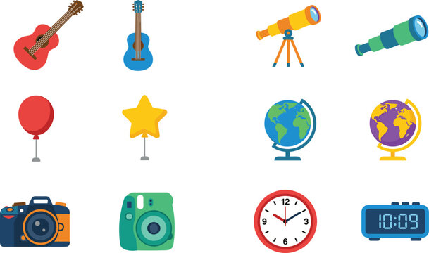 Colorful Flat Style Vector Illustration Set Featuring Acoustic Guitars, Astronomy Telescopes, Celebration Balloons, Earth Globes, Photo Cameras, and Time Clocks
