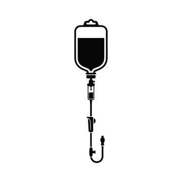 Medical iv drip bag vector silhouette illustration hanging saline solution line art set.