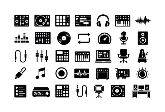Music Production DJ Equipment Icons. Solid glyph icon set of music production and DJ equipment: DJ mixer, turntable, beat pad, audio track, headphones, synthesizer, sample waveform, equalizer, studio