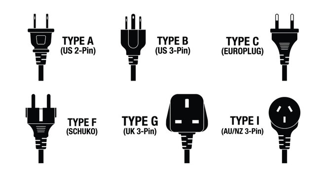 Assorted Electrical Plugs Black Silhouette On White Background