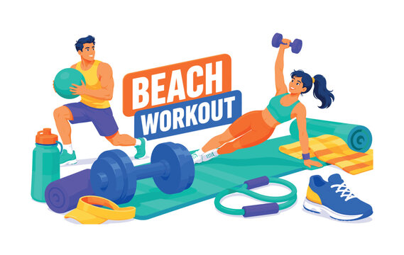 Beach Workout wide panoramic website header banner with 2 expressive stylized athletes training beside oversized dumbbell and giant beach exercise mat stretching across all edges, with water bottle,