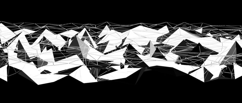 Dynamic abstract 3D geometric landscape with triangles and connecting lines, representing data.