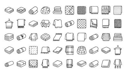 Folded Blanket Line Art Icons Set Editable Stroke Throw Quilt Home Textile Vector Collection © MD