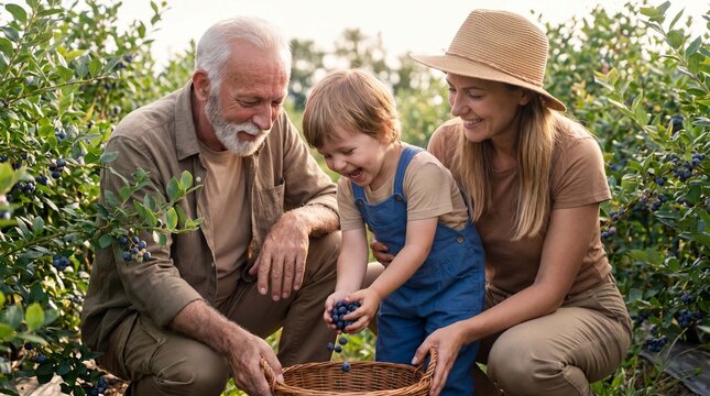 Three generations of a family laugh while dropping blueberries into a basket on a sunny farm for lifestyle stock photography