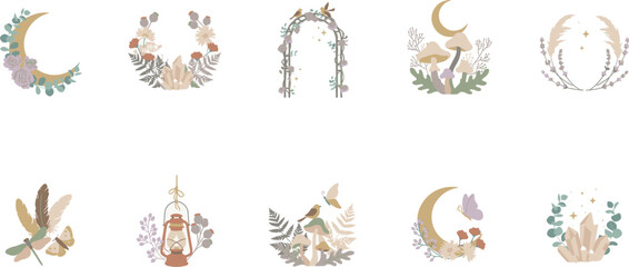 Cottagecore woodland magic vector icon set featuring crescent moons mushrooms crystal clusters floral wreaths lanterns and botanical ferns for whimsical designs. © Md