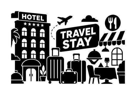 Travel Hospitality Banner. Clean solid filled composition of travel hospitality with hotel, luggage, and restaurant. Oversized hotel building spanning left edge, luggage stacked across bottom,