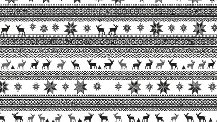 A seamless black and white pattern featuring repeating rows of reindeer and snowflakes in a traditional Nordic or Scandinavian folk art style. © badoet
