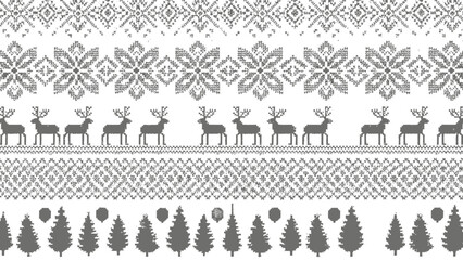 A collection of festive Scandinavian-inspired patterns featuring reindeer, snowflakes, trees, and geometric designs in a grayscale palette. © badoet
