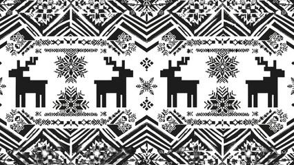Black and white pixelated pattern featuring reindeer and snowflakes, reminiscent of a Nordic or Scandinavian folk art style. © badoet
