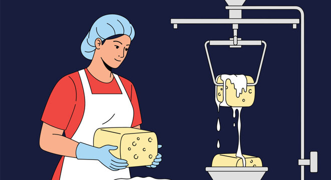 Professional female worker holding a large block of fresh cheese in a modern automated dairy production factory.