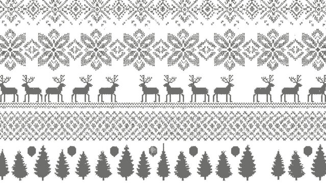 A collection of festive Scandinavian-inspired patterns featuring reindeer, snowflakes, trees, and geometric designs in a grayscale palette.