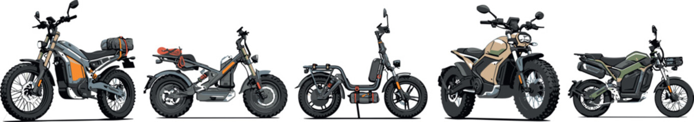 Electric motorbike and heavy duty electric moped vector set featuring modern military style off road scooters and adventure dual sport motorcycles © Md