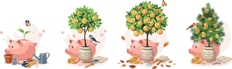 Fototapeta premium Financial investment growth progression vector set showing piggy banks with lemon fruit trees throughout different seasons for long term saving strategy concepts.