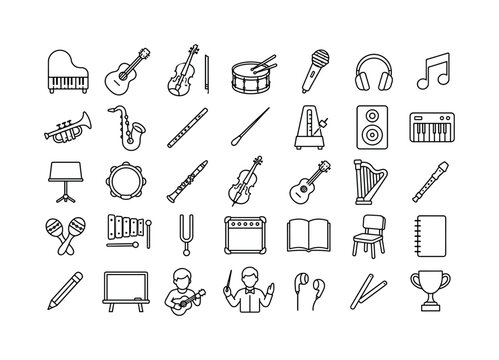 Music Education Icons. Line icon set of Music Education: piano, guitar, violin, drum, microphone, headphones, music note, trumpet, saxophone, flute, conductor baton, metronome, speaker, keyboard,