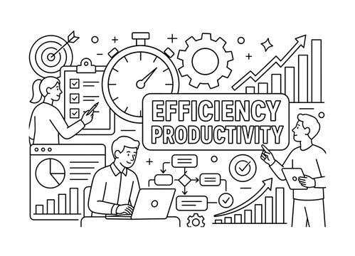 Efficiency Productivity Icon Set Banner. Clean outline line art composition showing stopwatch, gear and upward graph as oversized objects, workflow optimization scene with 2?3 characters improving