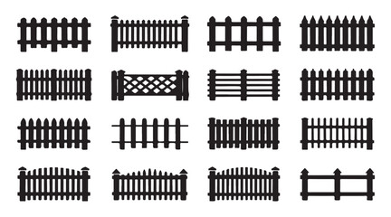 Simple wooden picket fence silhouettes in various heights and slat arrangements set of 16. © Tamanna