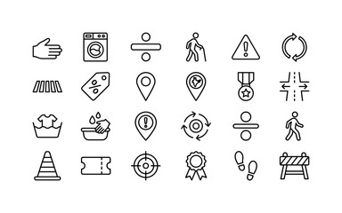 Fototapeta premium Hazard Math Signs. Line icon set of washing, hazard, math, and public signs: hand sign, washing machine sign, divide sign, walker sign, hazard triangle sign, circular arrow sign, crosswalk sign,
