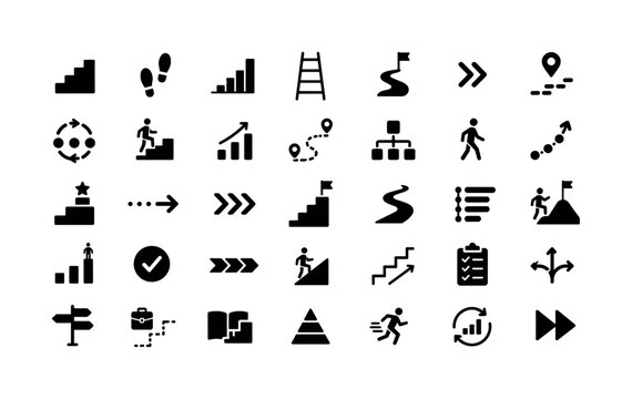Steps Banner. Solid glyph icon set of steps: stairs, footprints, progress, ladder, path, arrows, roadmap, process, walking, growth, movement, sequence, progression, direction, success steps, workflow,