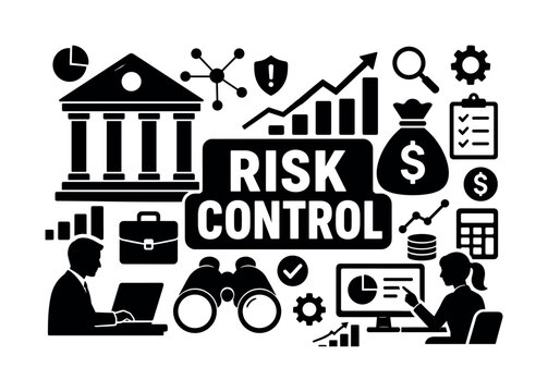 Finance Management Banking Risk Banner. Finance Management Banking Risk banner illustration, oversized bank and chart across edges, binoculars and money bag scattered, network and gear filling