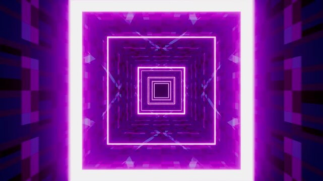 rotating geometric square tunnel with glowing purple and blue neon lights