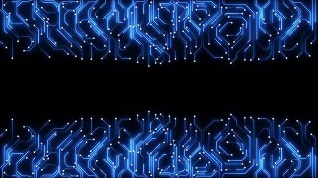 Abstract blue circuit board technology frame with glowing digital lines, futuristic electronic network border and cyber interface on black background