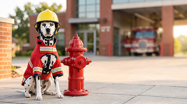 A loyal Dalmatian dog as a dedicated pet firefighter sitting by a red hydrant for Pet Fire Safety Day to help raise awareness for household emergency protection