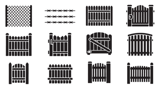 Decorative fence and gate icons featuring mesh panels barbed wire and wooden structures.