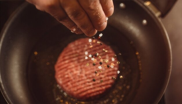 Top-down macro shot of a chef's hand seasoning a raw beef burger patty in a frying pan with salt and pepper flakes, action motion blur, shallow depth of field, professional food photography.