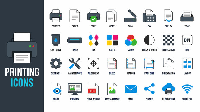 Set of printing icons for user interface.