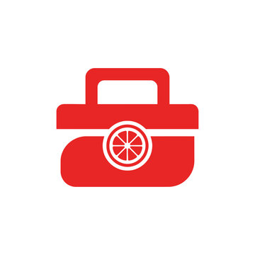 Red camera bag icon with lens symbol design.