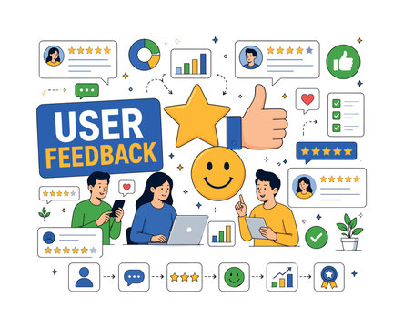Customer Feedback Rating Icons. Clean editorial composition with star, thumbs up, smiley oversized, review cards floating, customer characters expressing opinions, bold label ?USER FEEDBACK?