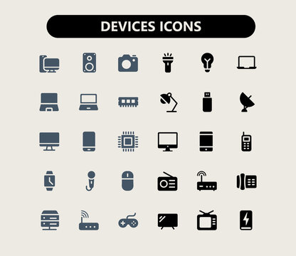 Electronic devices vector solid icons set.