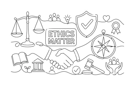 Business Ethics Banner. Clean one-line drawing composition showing ethics concept with balance scale and handshake as oversized elements, moral compass and shield stretching to edges, small justice