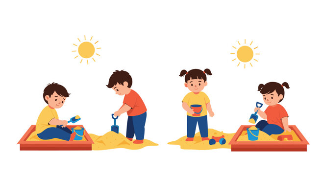 Happy little kids playing with sand and colorful buckets in sandbox under a bright hot sun.