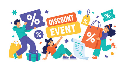 Fototapeta premium Discount Event wide panoramic website header banner with 2 expressive stylized event shoppers holding oversized percent stage card and giant shopping bag stretched edge to edge, with coupon ticket,