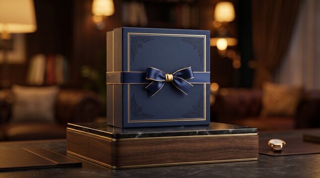 Elegant Dark Blue Gift Box with Gold Trim and Ribbon on a Wooden Stand