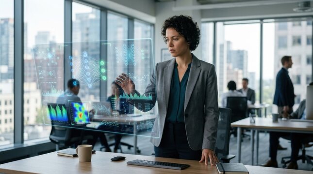 Corporate executive presenting data performance statistics on an advanced interactive glass partition wall