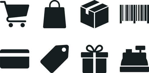 Set of black shopping icons including cart bag box barcode credit card price tag and cash register © MdShahinnur