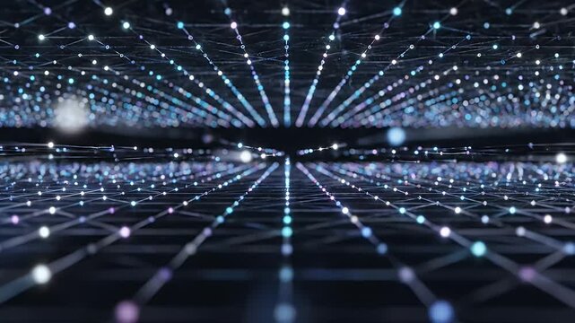 A mesmerizing abstract visualization depicts a complex network of interconnected nodes and lines radiating outwards, creating a futuristic and ethereal atmosphere.