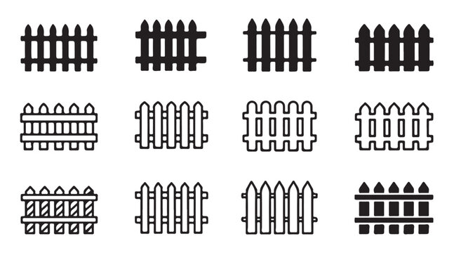 Set of fence and barrier icons for garden landscaping and property division in flat design.
