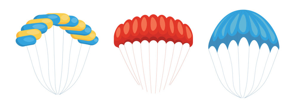 Set of air parachutes in cartoon style. Vector illustration of different colorful parachutes with domes, slings isolated on white background. Safe descent from a height. Skydiving. Extreme sport.