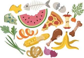 Organic food waste vector set with compost leftovers banana peel apple core fish bone moldy cheese and scraps for recycling design