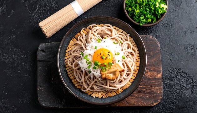 A steaming bowl of noodles with egg and greens on a wooden tray