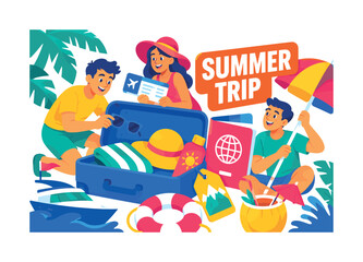 Obraz premium Summer Travel Web banner illustration, travel planning beach scene with oversized suitcase and passport, 3 expressive stylized human characters packing sunglasses, plane ticket, and beach umbrella,