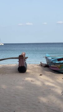 Crow Flying Low Over Fishing Boats on Tropical Sri Lankan Coastline