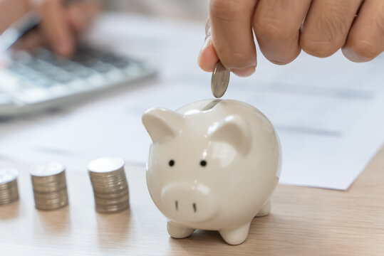 the person putting coin into piggy bank to save money and invest for growth in future.