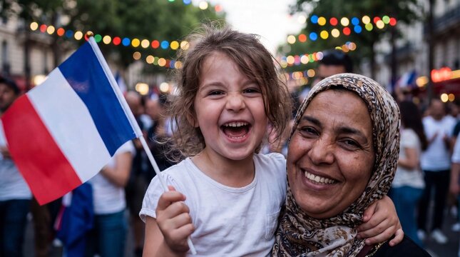 A laughing toddler waves a French flag beside her North African mother under colorful Bastille Day street lights for joyful family stock photography