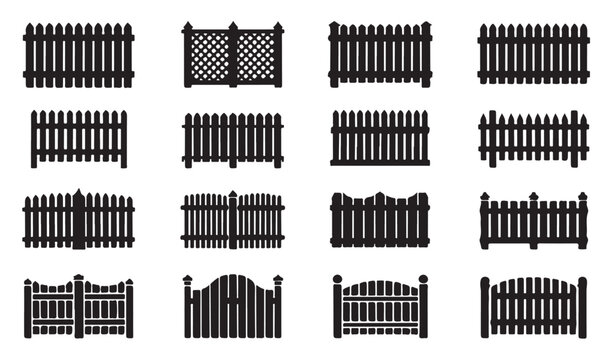 Different types of wooden fence silhouettes for garden landscaping and boundary protection.