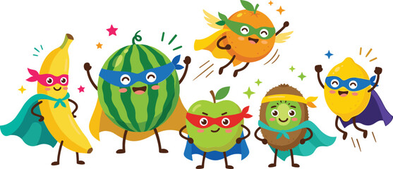 Cute superhero fruits vector set with funny cartoon characters banana watermelon orange apple kiwi and lemon wearing capes and masks © Rumi